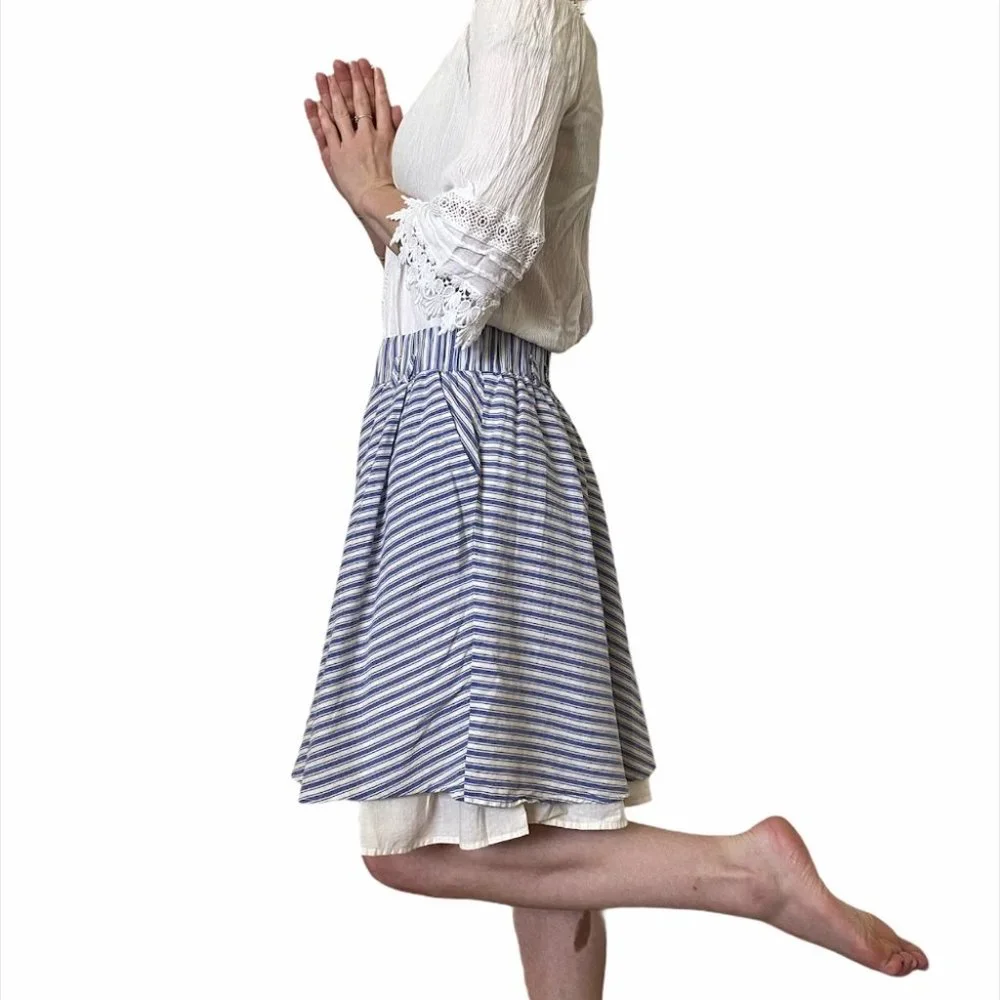 Zara Blue White Stripe Mini Skirt Layered Built-In Petticoat Elastic Waist Flowy